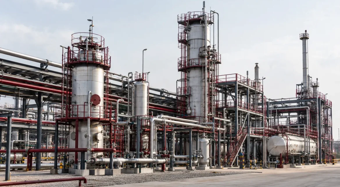 Industrial process plant with coordinated piping, equipment and structural systems.
