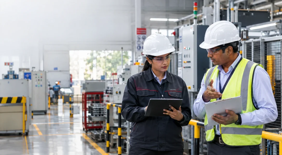 Factory compliance notice review during an industrial safety inspection in India