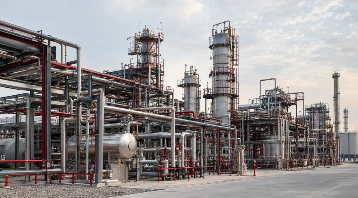 Industrial process plant with coordinated equipment, piping and structural systems.