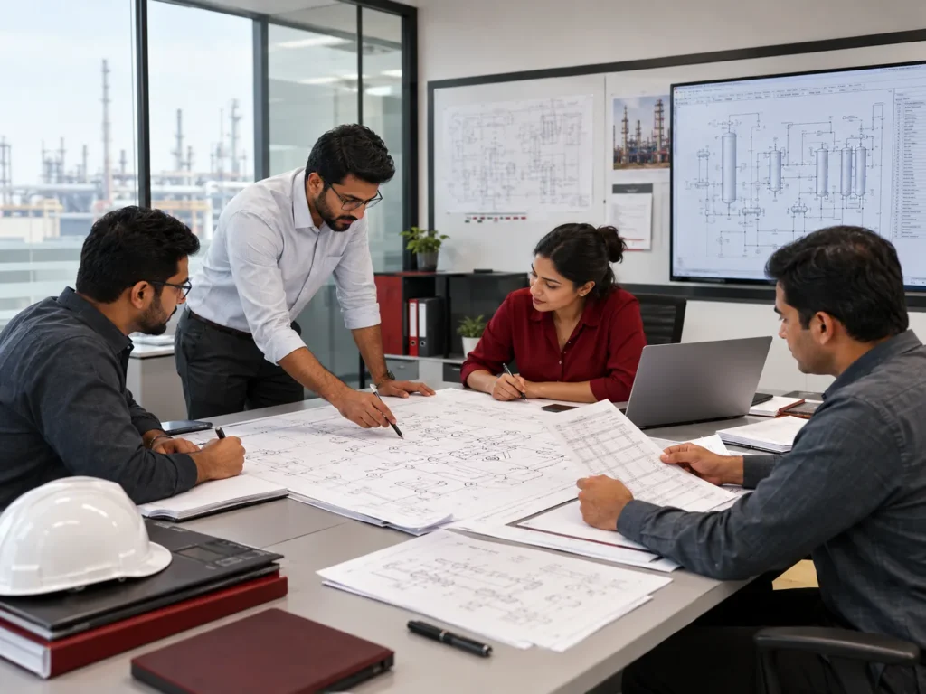 Engineers reviewing process diagrams and technical documentation for an industrial project.