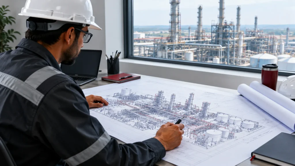 Engineer reviewing general arrangement drawings for an industrial facility