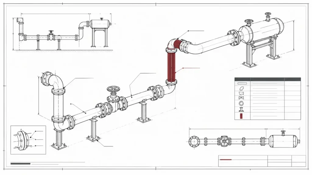 Piping isometric drawing illustrating pipe geometry, fittings and dimensions