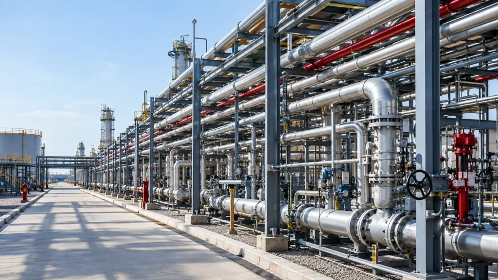 Industrial piping routes coordinated with pipe racks and structural supports