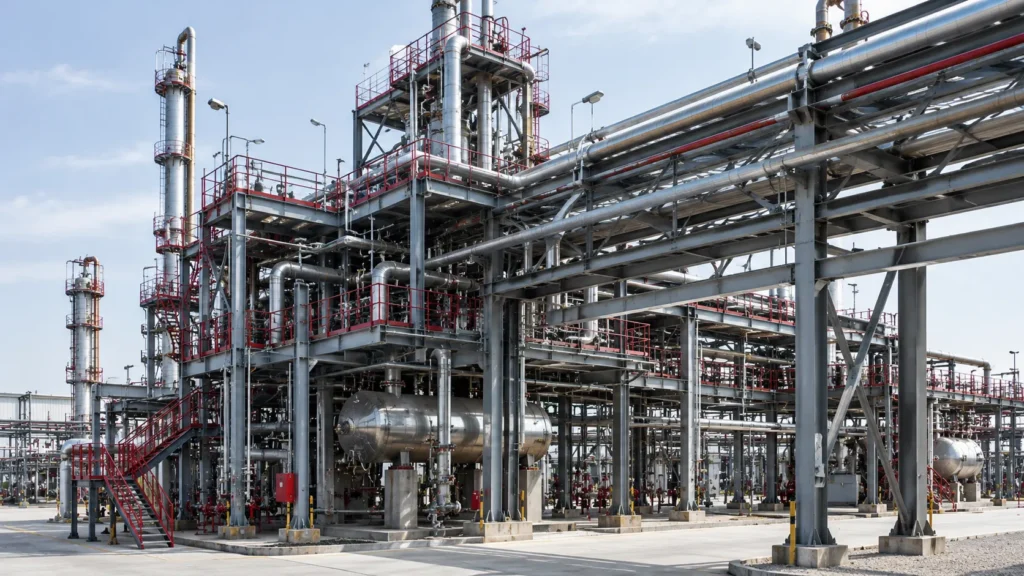 Industrial steel platforms and pipe rack structures requiring coordinated engineering drawings