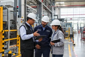 Inspector-cum-Facilitator reviewing workplace safety and statutory compliance with factory management