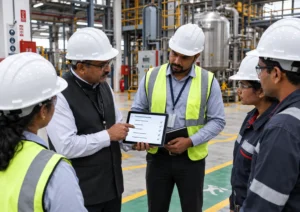 Inspector-cum-Facilitator providing compliance guidance to factory management and workers