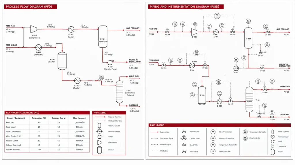 Process flow diagram and P&ID used in process engineering design
