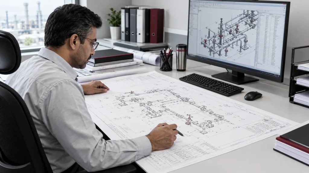 Engineer reviewing piping isometric drawings for an industrial piping system