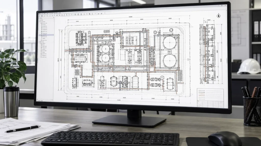 Technical piping layout drawing showing pipe routes and equipment arrangement