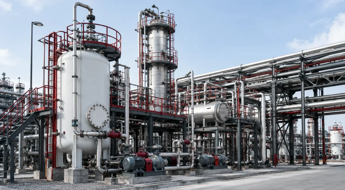 Industrial process plant with coordinated equipment, piping and structural systems