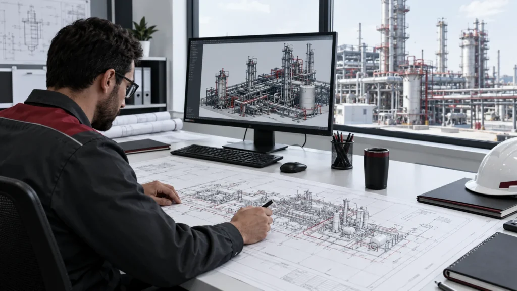 Engineer reviewing plant layout drawings for an industrial facility