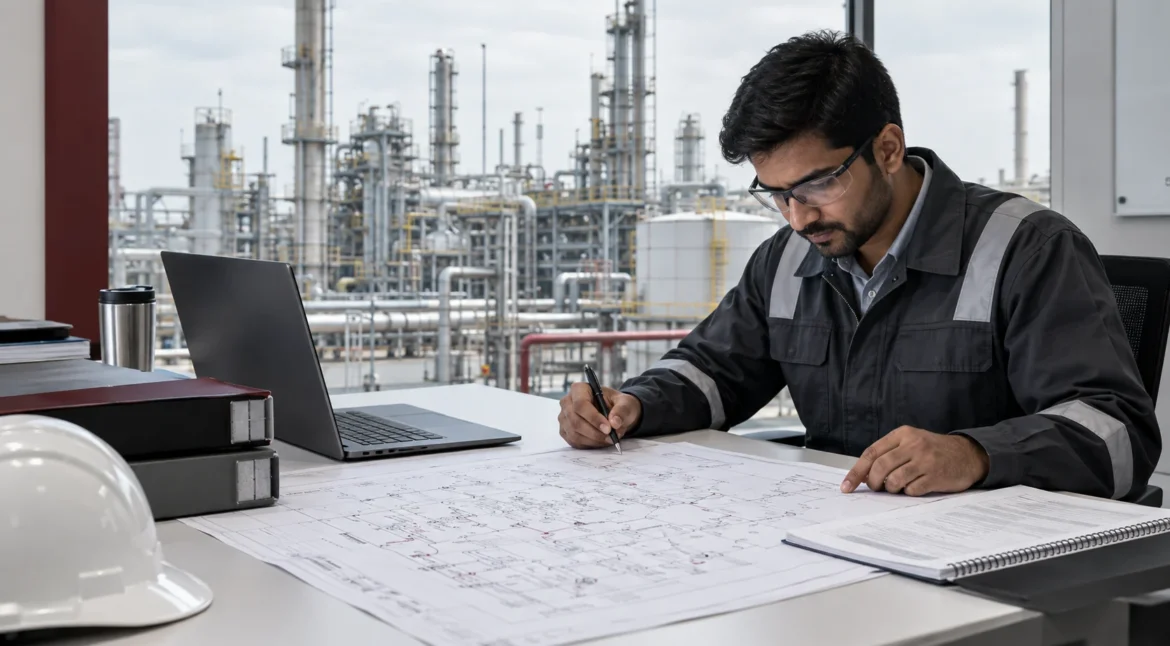 Process safety engineer reviewing plant documentation for a gap assessment