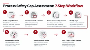 Seven-step process safety gap assessment workflow from scoping to verified closure