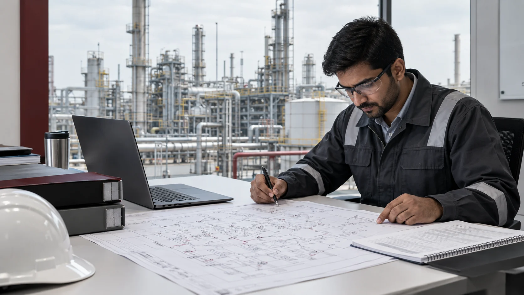 Process safety engineer reviewing plant documentation for a gap assessment