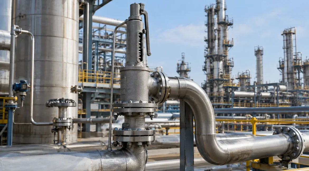 Pressure safety valve and discharge piping in an industrial process plant