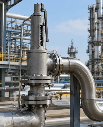 Pressure safety valve and discharge piping in an industrial process plant