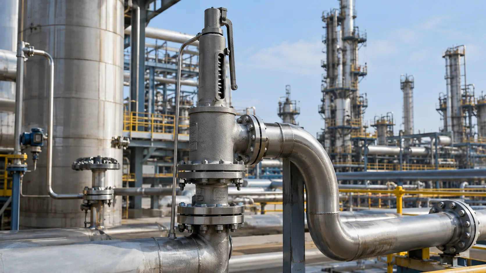 Pressure safety valve and discharge piping in an industrial process plant