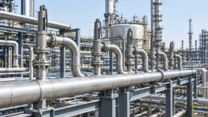 Pressure relief valve discharge piping connected to an industrial relief header