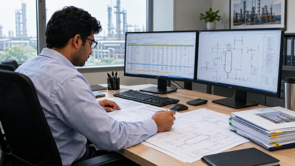 Process safety engineer reviewing pressure relief sizing calculations