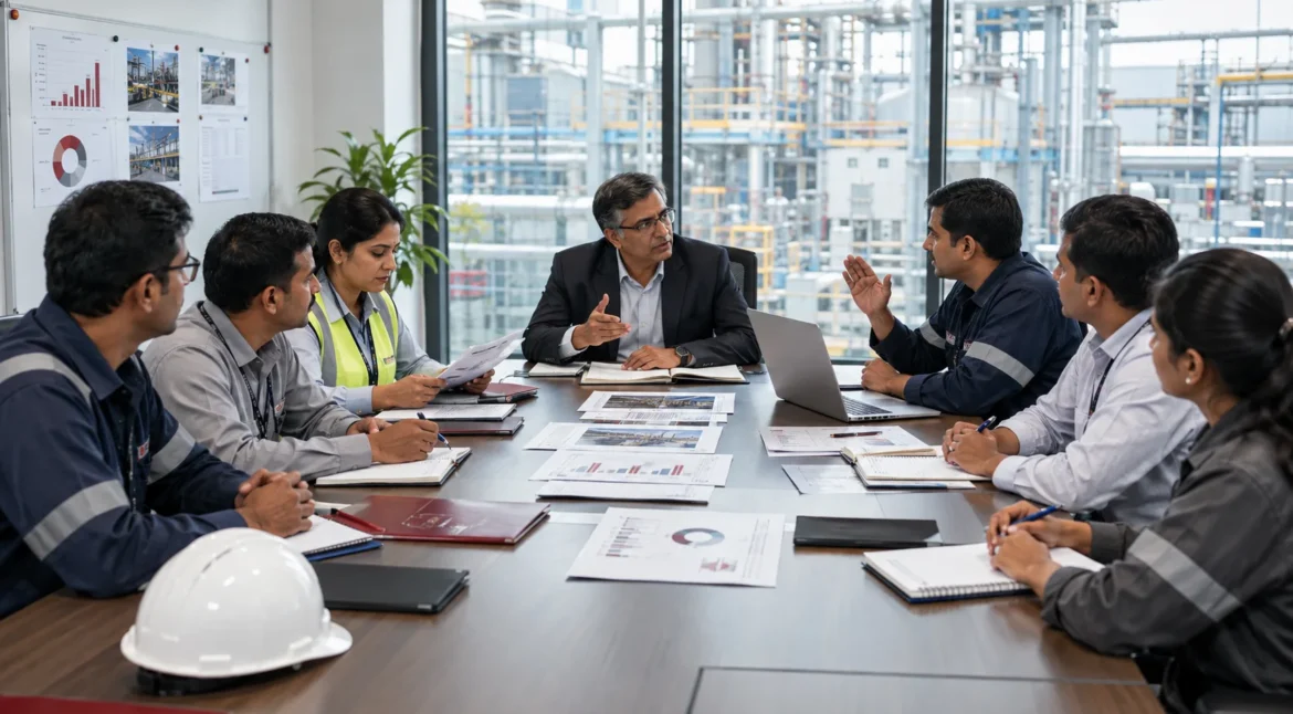 Management and worker representatives discussing workplace safety in an Indian factory