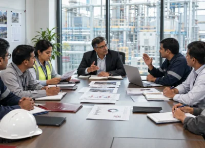 safety-committee-meeting-factory-india Management and worker representatives discussing workplace safety in an Indian factory