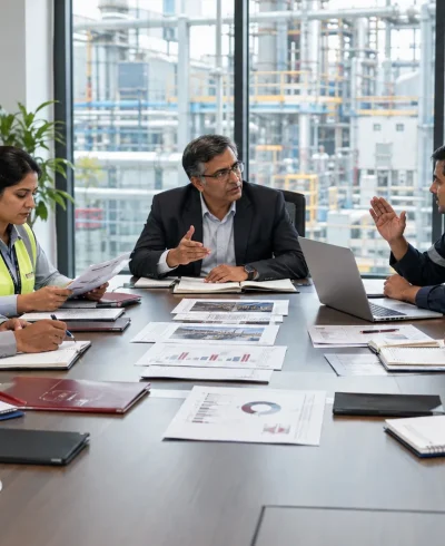 Management and worker representatives discussing workplace safety in an Indian factory