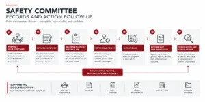 Safety Committee meeting minutes and corrective-action follow-up workflow