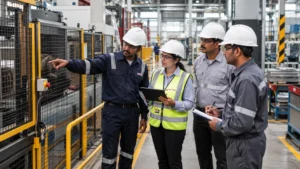 Safety Committee representatives reviewing workplace hazards during a factory walk-through