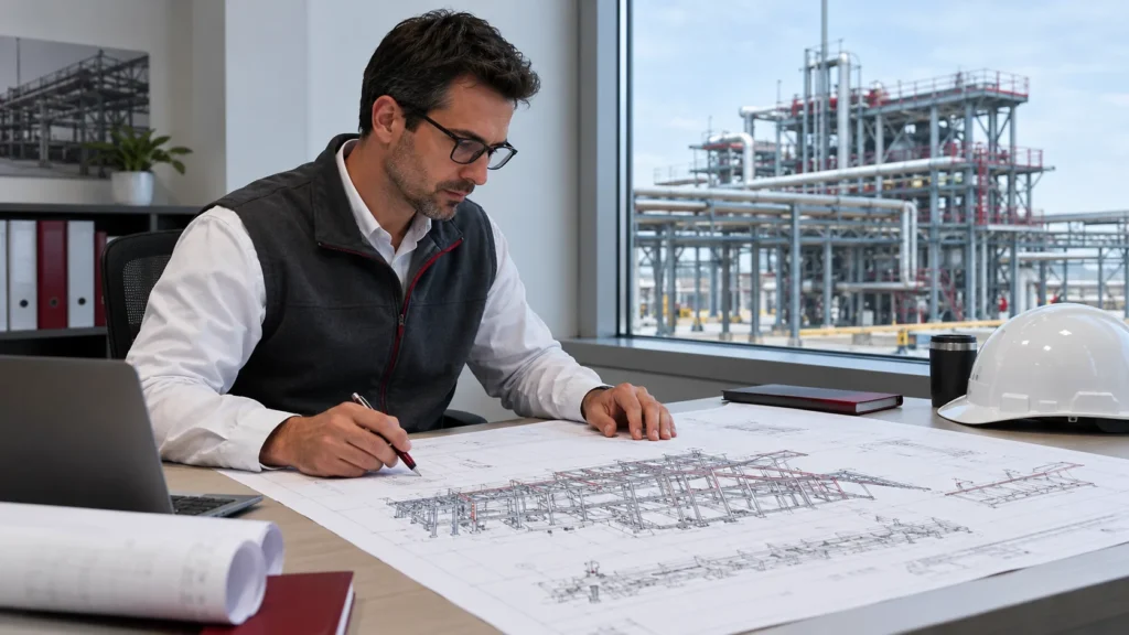 Structural engineer reviewing drawings for an industrial steel structure