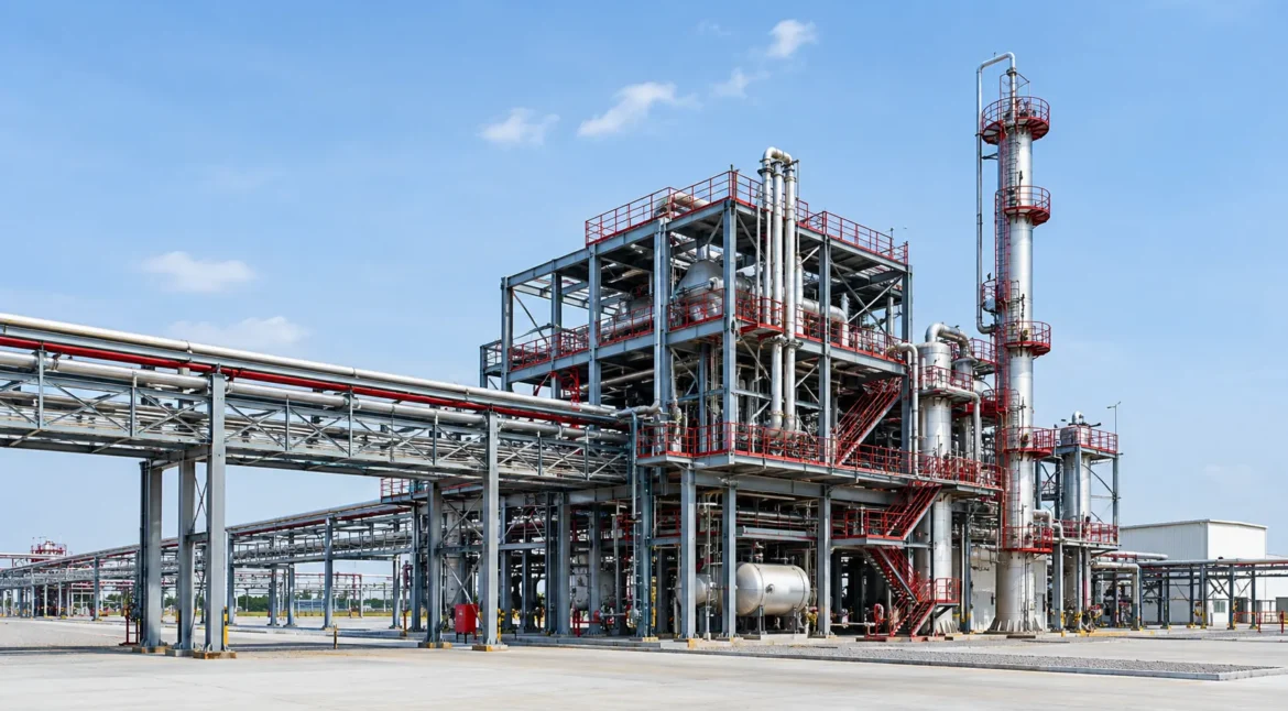 Structural steel framework and pipe racks at an industrial process plant