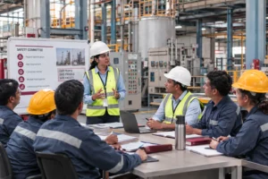Safety officer and factory safety committee meeting in an Indian industrial facility