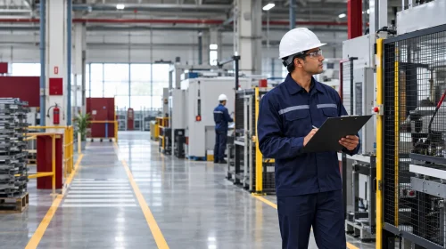 Industrial safety auditor assessing workplace conditions in a manufacturing facility